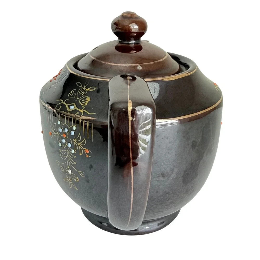 Japan Teapot Vintage Dark Brown Moriage Floral Gold Gilt Ceramic 5.5in 1940s